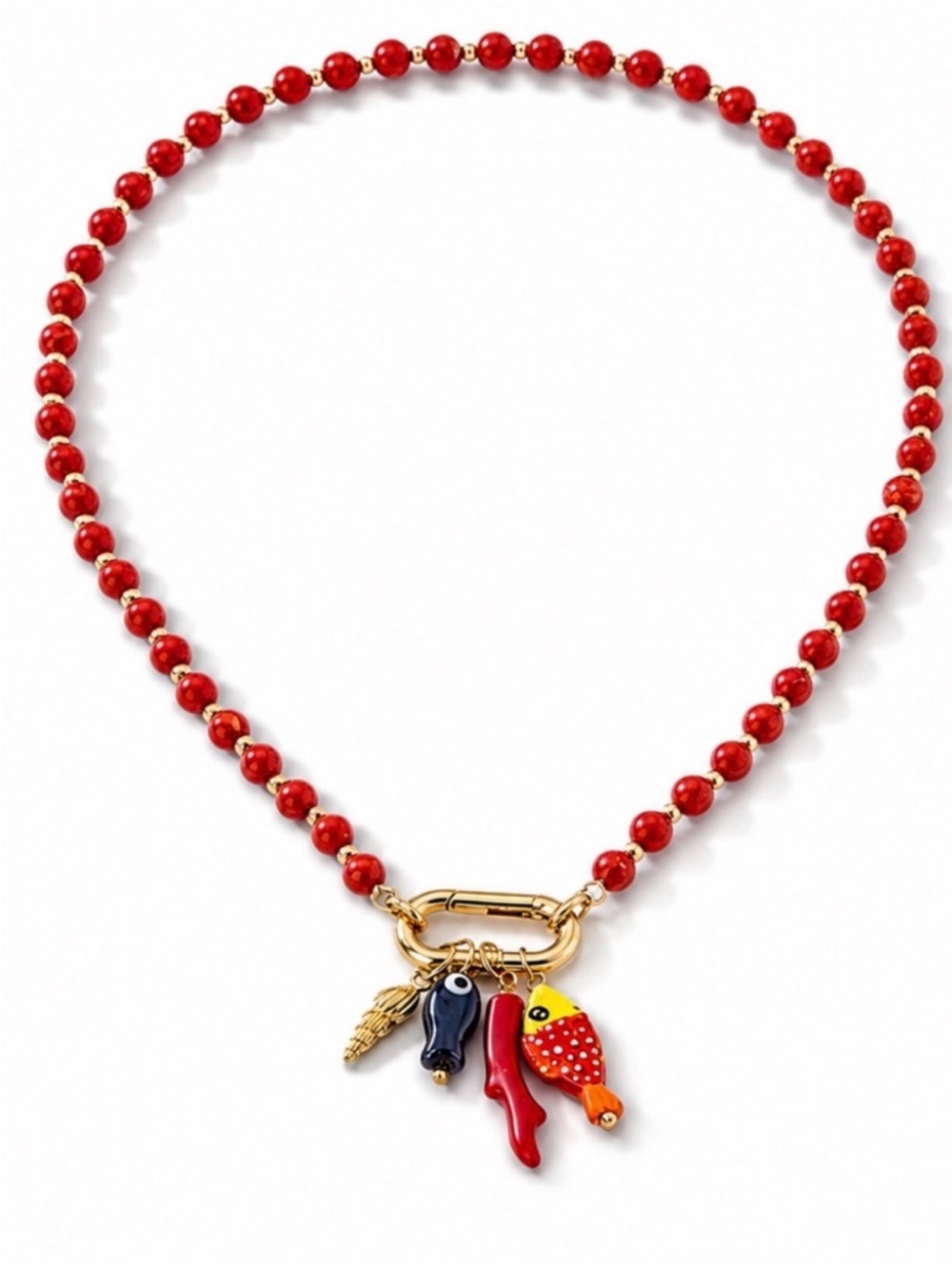 New! Coastal Red Beaded Fish Gold Carabiner Necklace NWOT (2013)